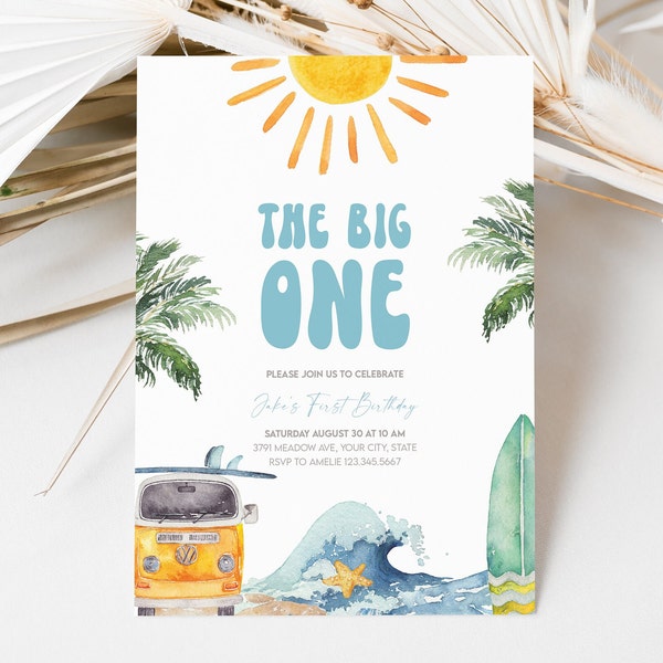 Surfing 1st Birthday Invitation: Boho Van, Waves (Digital Download)