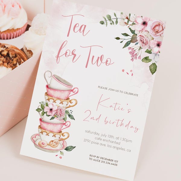 Tee-Party-Geburtstags-Einladung: Pink Gold Floral, Tee für Zwei (Digitaler Download)