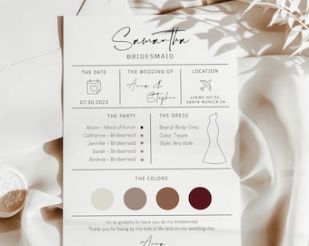 Editable Bridesmaid Proposal & Info Card | Modern Minimalist Bridal Party Template | Bridesmaid Infographic, Digital Download