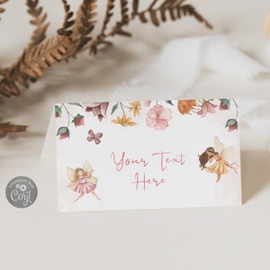 Cartão de lugar dobrado de fada editável de 3,5 x 2 ", buffet de fadas floral encantado, etiqueta de comida, cartão de nome de convidado, modelo de decoração de aniversário, download instantâneo