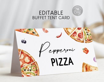 Editable Pizza Theme Food Tent Card, Printable Birthday Folded Food Label Template, Guest Name Place Card, Digital Download