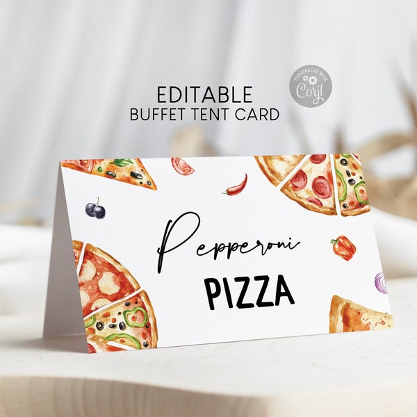 Editable Pizza Theme Food Tent Card, Printable Birthday Folded Food Label Template, Guest Name Place Card, Digital Download