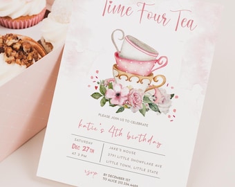May include: Pink and white teacup birthday party invitation with a watercolor background and the text "Time Four Tea" and "Katie's 4th Birthday".
