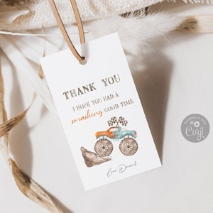 May include: Thank you card featuring a monster truck illustration and the text "Thank you. I hope you had a smashing good time. Love Daniel."