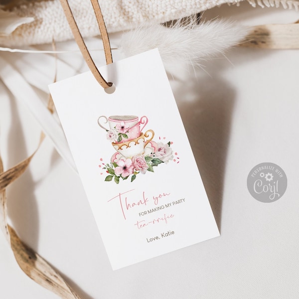 Editable Tea Cups Favor Tags | Printable Thank you tags | Tea cups Floral Peach Birthday Invite | Digital Download