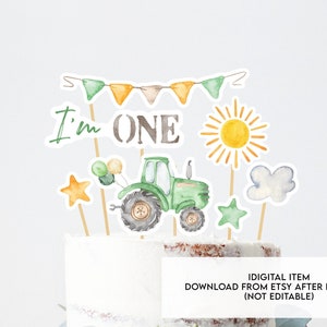 Affascinante trattore torta Topper, decorazione del primo compleanno a tema fattoria, stampabile I'm ONE Cupcake Toppers Party Event, Download istantaneo
