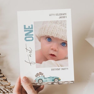 Fast One Photo Birthday Invitation: Race Car Party, Editable Template (Digital Download)
