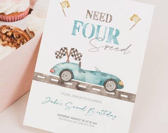 May include: A blue and white birthday invitation with a cartoon car and the text "Need Four Speed" and "Jake's Second Birthday".