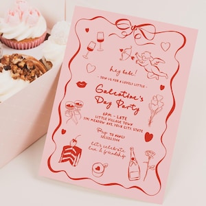 Convite para o Dia das Galentine, Modelo de convite para festa do Dia dos Namorados editável, Noite das meninas das Galentine, Doodle desenhado à mão Cupido Coquete