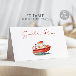Rotes Schnellboot 3,5x2" Klapp-Platzkarte, Motorboot Buffet Food Label Gast Name Karte Geburtstag Dekor Vorlage Digital