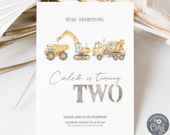 Construction Trucks 2nd Birthday Invitation: Editable Party Cars Invite (Digital Download)