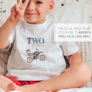 May include: A white t-shirt with a blue and white illustration of a child riding a dirt bike. The text "TWO fast" is printed on the shirt. Digital file for custom t-shirts. PNG file (300 DPI).
