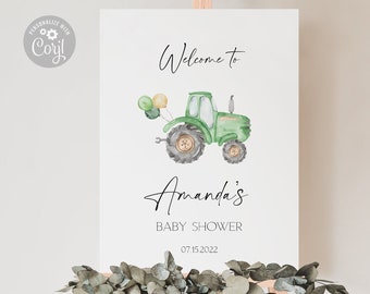 Green Tractor Baby Shower Welcome Sign | Festive Balloons Boy Birthday Party Sign, Green Tractor Party Poster | Instant Download