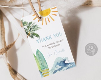 May include: A thank you tag with a watercolor illustration of a palm tree, surfboard, and ocean wave. The tag has the text "Thank You for making this day so special! Love, Camille".