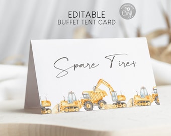 Editable Construction Vehicles 3.5x2&quot; Buffet Tent Card, Working Road Cars Folded Food Label Guest Name Card Birthday Decor Instant Download