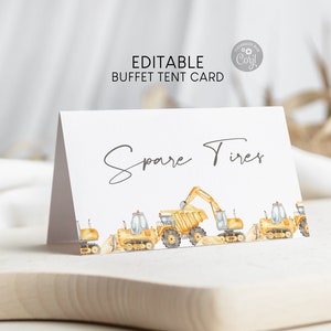 Veículos de construção editáveis Cartão de barraca buffet de 3,5 x 2 ", carros de estrada de trabalho Rótulo de comida dobrado Cartão de nome do convidado Decoração de aniversário Download instantâneo