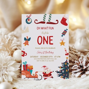 Oh, que divertido ser UM! Convite de aniversário de Natal, modelo de convite para festa de 1º aniversário festiva, download instantâneo
