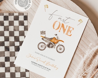 Fast One Orange Bike Birthday Invitation, Editable Motocross Motorbike First Birthday Invite Template | Racing Bike Digital Download Prints