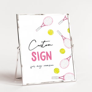 Pink Tennis Theme Birthday Party Favors Sign, Modèle de signe de table de raquette de tennis à thème sportif minimaliste modifiable, Téléchargement numérique imprimable
