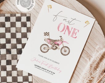 Pink Motocross First Birthday Invitation: Editable Racing Bike (Digital Download)