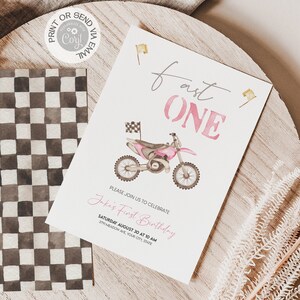 Fast One Pink Bike Birthday Invitation, Editable Motocross Motorbike First Birthday Invite Template | Racing Bike Digital Download Prints