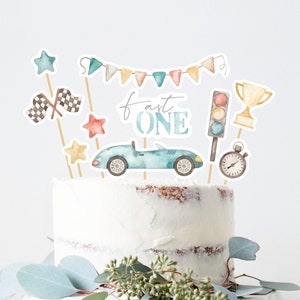 Fast ONE Cake Topper, Race Car 1st Birthday Centerpiece, Retro Blue Race Car Shapes Party Decor, Printable Cupcake Toppers, Instant Download