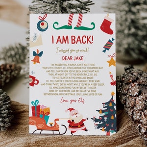 Carta de llegada de elfo editable, carta de regreso de elfo navideño, mensaje de bienvenida de elfo "He vuelto", plantilla digital imprimible, descarga instantánea