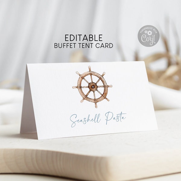 Editable Nautical 3.5x2" Folded Place Card, Ship Wheel Buffet Food Label Guest Name Card Birthday Decor Template Instant Download