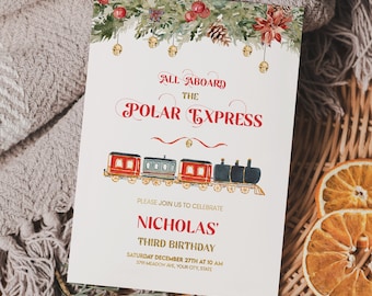 May include: A white invitation card with a red and blue train illustration. The text reads "All Aboard the Polar Express" and "Please join us to celebrate Nicholas' Third Birthday".