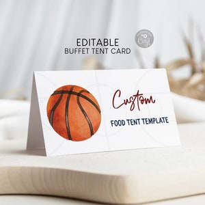 Carte de tente de nourriture d’anniversaire de basket-ball modifiable, décor d’anniversaire sur le thème du sport imprimable, modèle de cartes de place pliées, téléchargement numérique