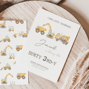 Dirty 3rd-y Construction Trucks Birthday Party Invitation, Editable Digger 3rd Boy Birthday Party Invite , Dump Truck Theme,Instant Download