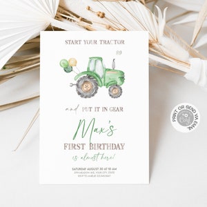 Minimalist Green Tractor with Balloons Birthday Invitation, Editable Boy 1st Birthday Farm Vehicles Theme Birthday Invite Template, Digital