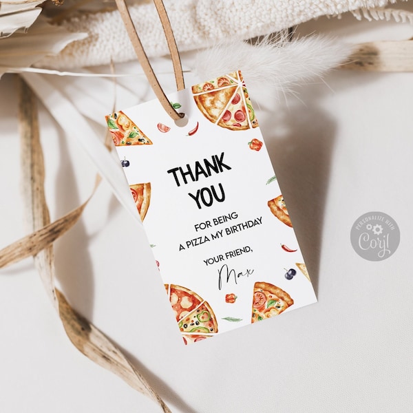 Pizza Birthday Favor Tag, Editable Thank you tag, Printable Pizza Party Gift Tag Template, Digital Download