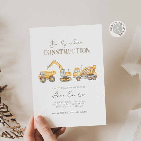 Construction Baby Shower Invitation, Editable Baby Under Construction Invite Template, Construction Cars Party, Instant Digital Download