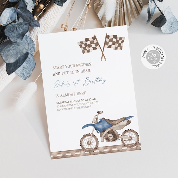 Blue Dirt Bike Invitation d’anniversaire, modifiable 1er anniversaire Moto Motocross Racing Bike Invitation Modèle Téléchargement numérique