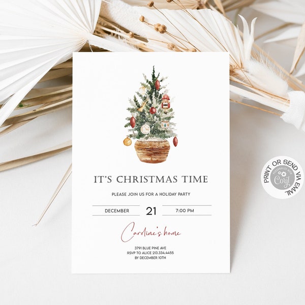 Editable Holiday Party Invitation, Minimalist Christmas Eve Brunch Invite Template, Christmas Tree Ornaments, Printable Instant Download