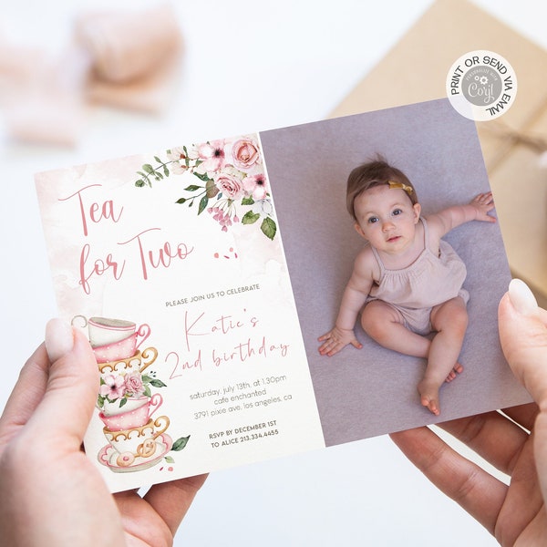 Editable Tea for Two Girl Birthday Invitation, Printable Teacups Floral 2nd Birthday invitation with Photo, Digital Download