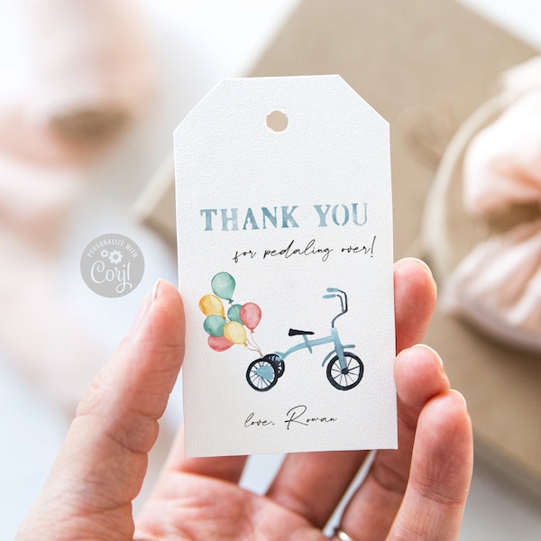 Editable Blue Tricycle Thank You Tags, Bicycle with Balloons Gift bag tags, Boy Birthday Trike Invite, Printable File,Fast Digital Download