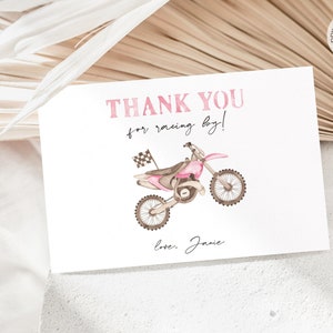 Pink Dirt Bike Thank you card, Motorcycle Motocross Bike Girl's Birthday Party, Editable Birthday thank you card template digital download