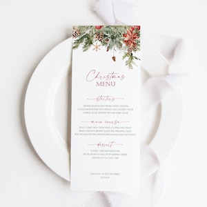 Bewerkbaar kerstdinermenu, afdrukbare vakantieverjaardagmenusjabloon, winterbabyshowermenu, digitale download, familiedinermenukaart