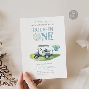 Zaproszenie na pierwsze urodziny w golfa Zaproszenie na grę w dołek w jednym Zaproszenie na grę w minigolfa Hole-in-One Edytowalny szablon cyfrowy