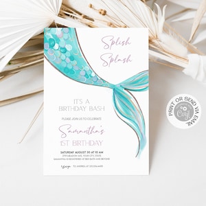 Mermaid Birthday Invitation Template, Minimalistic Modern Mermaid, Editable Mermaid Tail Watercolor Invitation, Under The Sea Girl Birthday