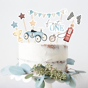 Fast ONE Cake Topper, Blue Race Car 1st Birthday Centerpiece, Printable Retro Race Car Ride On Shapes Cupcake Toppers, Instant Download