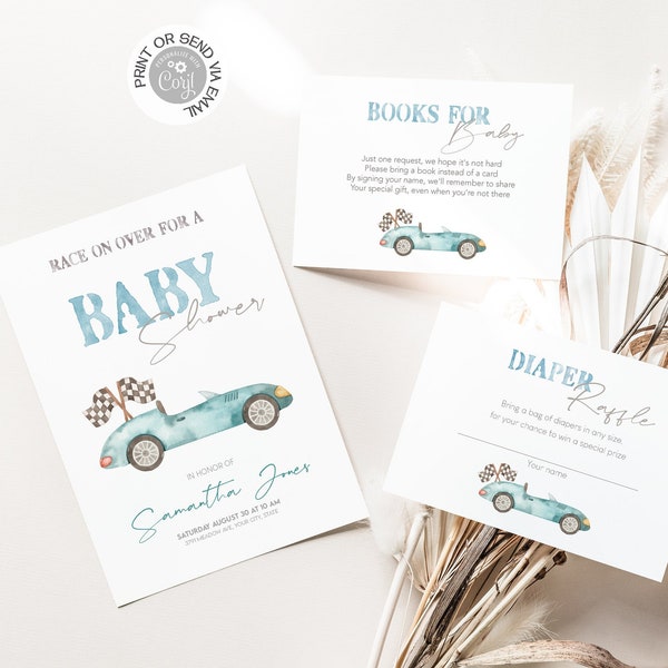 Race on over Blue Race Car Baby Shower Invitation Editable, Vintage Little Racer Printable Baby Sprinkle Invite INSTANT DOWNLOAD B09