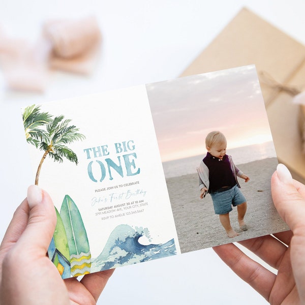 Surfing 1st Birthday Invitation: Beach Party Photo Invite (Digital Download)