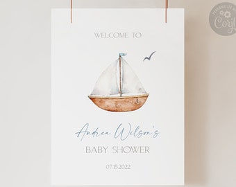 Sailboat Baby Shower Welcome Sign: Blue Boat Decorations (Printable File)