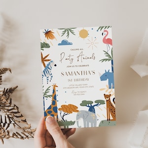 Convite de aniversário de animais do Safari na selva, convite editável com tema de animais para qualquer idade, modelo para impressão de animais selvagens, convite digital