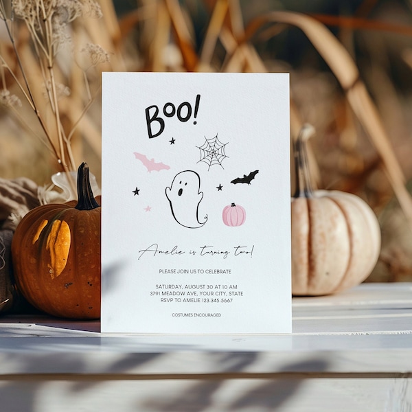 Pink Ghost Birthday Invitation: Spooktacular Boo Party (Digital Download)