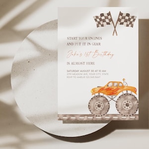 Invitación de cumpleaños de Monster Truck naranja, invitación de cumpleaños editable de Monster Jam, invitación de cumpleaños de Monster Bash Boy DESCARGA INSTANTÁNEA C.001