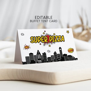 Barracas de comida de aniversário de super-heróis, cartão dobrado de bufê temático de quadrinhos, barracas de comida editáveis, decorações de festa, DOWNLOAD INSTANTÂNEO
